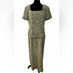 Vintage Spenser Jeremy 100% Silk Maxi Dress Sz 12 Green Leopard Print Mob Wife